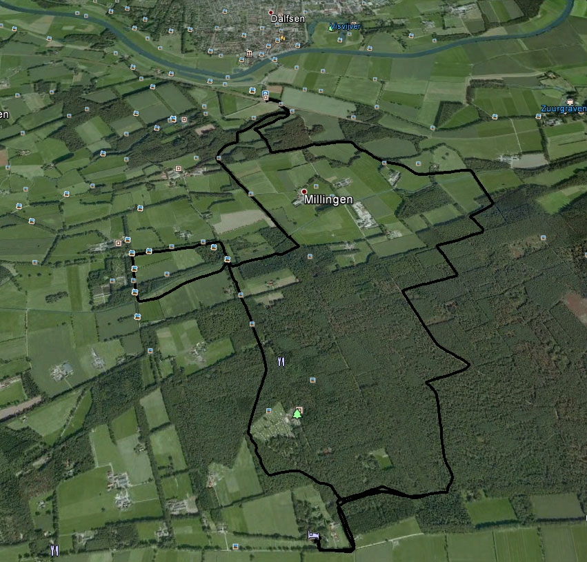 Google earth weergave van de rondwandeling vanaf station Dalfsen