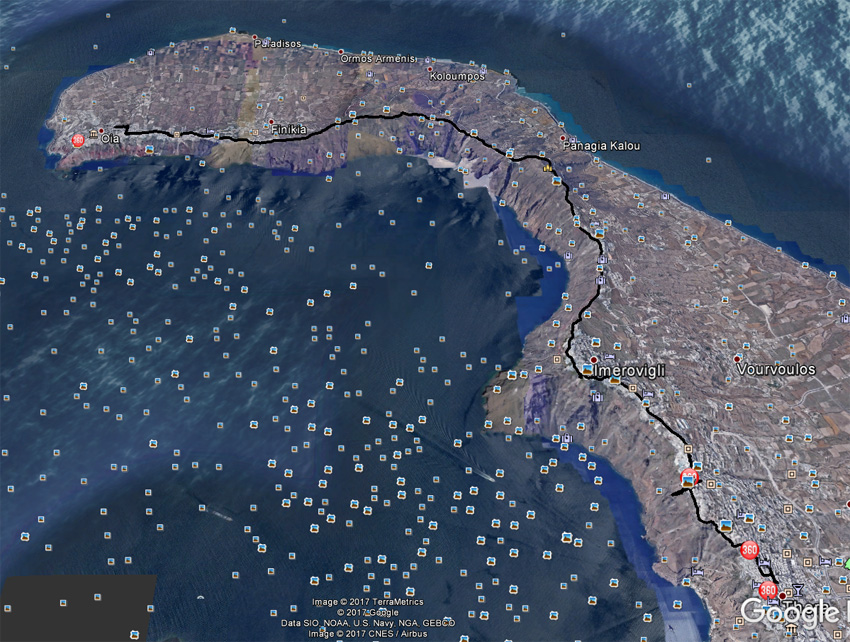 Kaart van de wandeling op Santorini in GoogleEart formaat