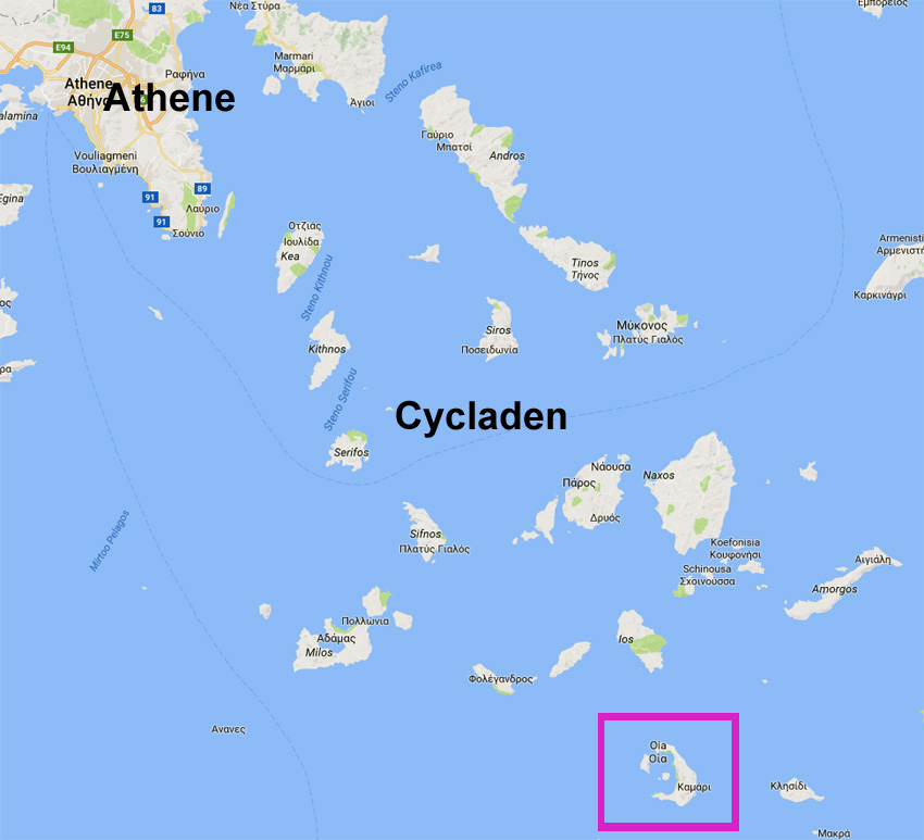 Kaart van de ligging van Santorini